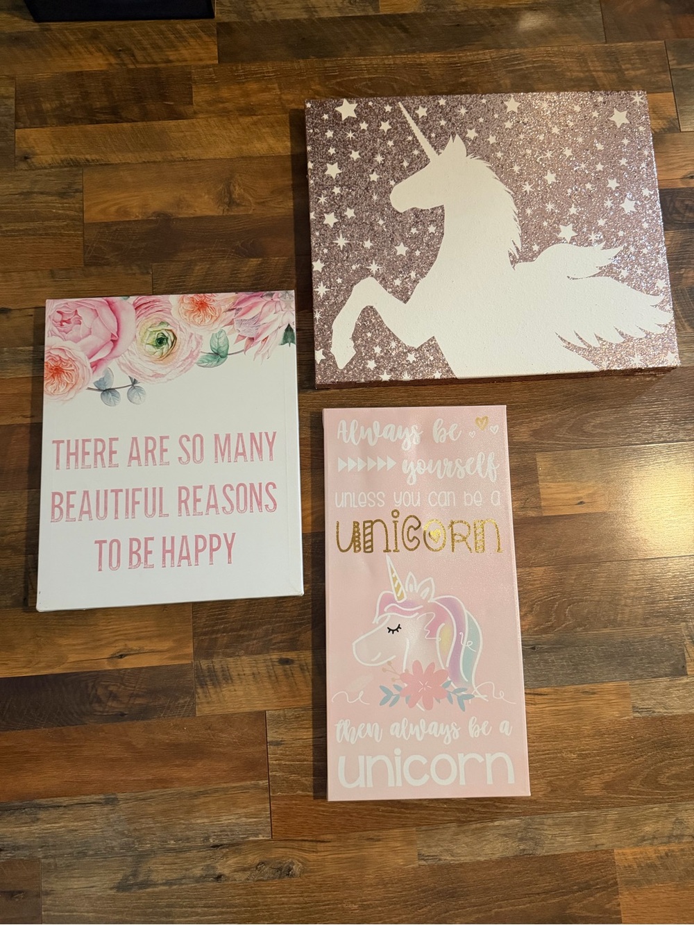 Unicorn & Floral Pink Wall Art Trio - Inspirational Home Wall Decor